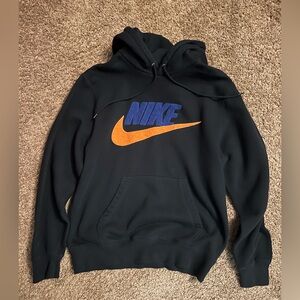 Nike Black Hoodie with Vibrant Orange and Blue Logo